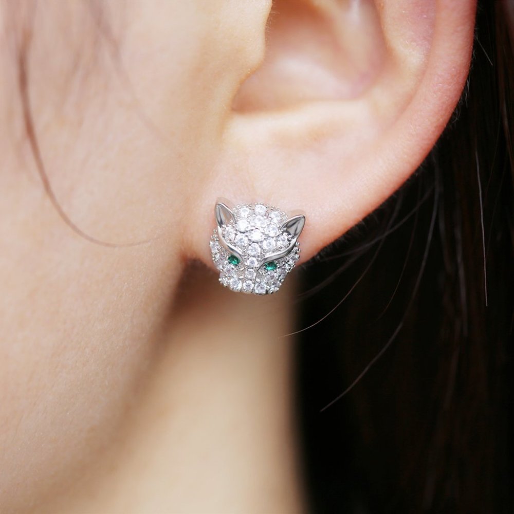NEW Silver Emerald Diamond Panther Cat Earrings - Picture 4 of 10